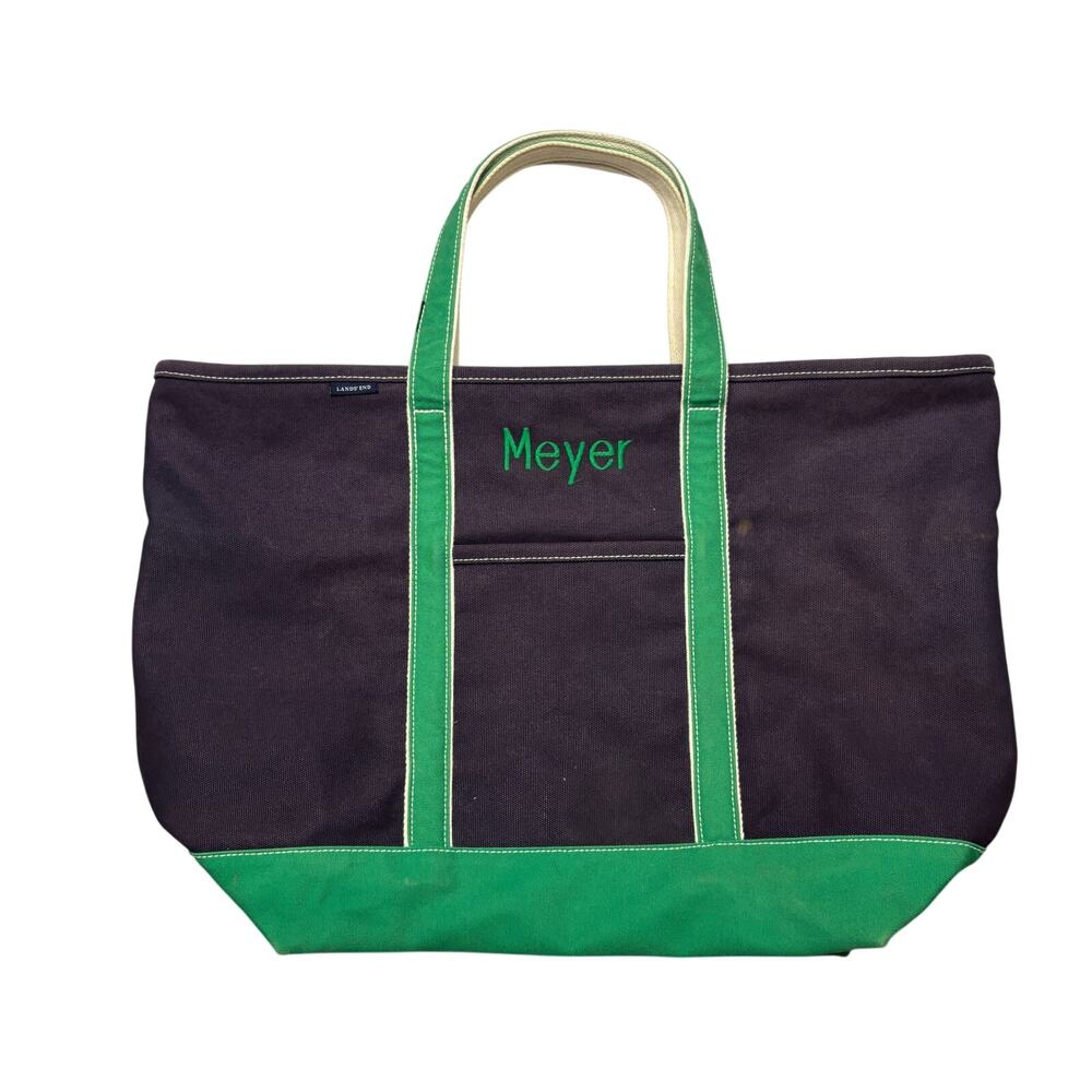 Lands End Black Green Canvas Zip Boat Tote Bag Embroidered Meyer 17x26